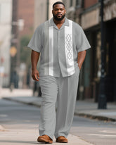 Men's Plus Size Light Gray Stripe Geometric Print Short Sleeve Shirt Trousers Suit