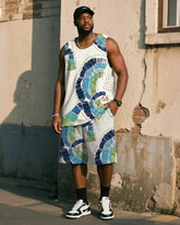Big & Tall Men's White Vintage Graffiti Bird Print Tank Shorts Suit