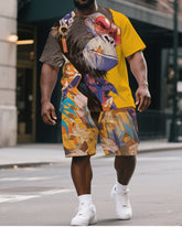 Men's Big & Tall Oil Painting Abstract Gorillas Print Casual Short-Sleeved T-shirt & Short Set