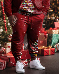 Men's Large Size Red Christmas Tree Hoodie Two Piece Set