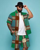Men's Daily Casual Retro Green Plaid Printed Big Size Short Sleeve Shirt and Shorts Set