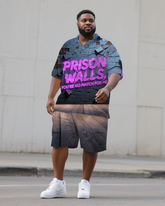 Big Men's Purple PRISON WALLS Lettering Casual Streetwear Short-Sleeve Polo Shirt Shorts Set