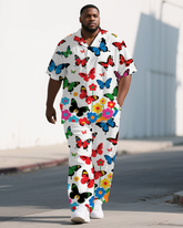 Men's Big and Tall Cartoon Butterfly World Street Style Short-Sleeve Shirt Pants Sets