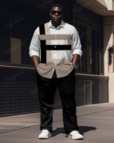 Men's Plus Size Black Colorblock Khaki Stripe Print Long Sleeve Shirt Trousers Suit