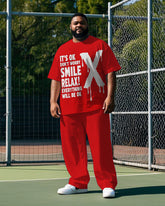 Men's Street Fashion Brushing X Letter Printed Big & Tall Short Sleeve T-shirt Pants 2-piece Set