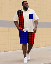 Big & Tall Men's Street Fashion Daily Casual Asymmetric Colorblock Plaid Shirt Shorts Suit