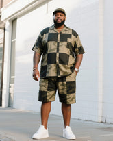 Big Man's Daily Casual Big Block Puzzle Creative Camouflage Short Sleeve Shirt Shorts Suit
