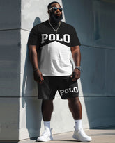 Men's Plus Size Colorblock POLO Print T-Shirt Shorts Suit