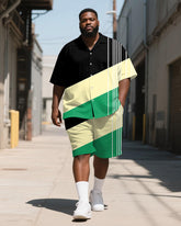 Men's Plus Size Casual Business Black Green Geometric Striped Print Shirt Shorts Suit