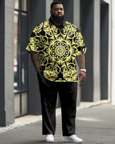 Men's Plus Size Business Casual Hand-painted Vintage Pattern Printed Short-sleeved Shirt Suit