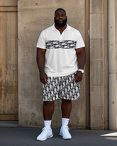 Big Men's Regular Geometric Pattern Letter Printed Short Sleeve Polo Shirt Shorts Set