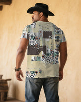Men's Plus Size Khaki Western Denim Color Printed V-Neck Short Sleeve T-Shirt