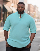 S-3XL Solid Color Casual Breathable Button Collar Henry Collar Long Sleeve Shirt