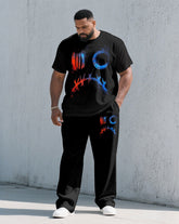 Men's Plus Size Fashion Street Black Chest Personality Graffiti Short Sleeve T-shirt Trousers Suit