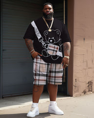 Street Casual Bear Plaid Print Men's Big and Tall Set