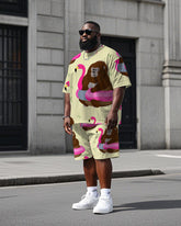 Big Men's Humor Chimpanzee with Swim Ring Printed Casual Short Sleeve T-Shirt Shorts Set