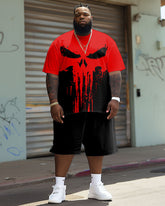 Big Guy's Street Fashion Skull Color-block T-shirt Shorts Set