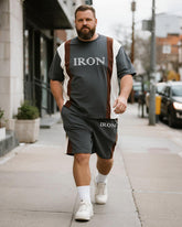 Big & Tall Men's Dark Gray IRON Alphabet Print Round Neck Short Sleeve T-Shirt Shorts Suit