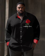 Romantic Rose Pattern Long Sleeve Lapel Shirt Men's Plus Size