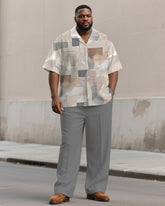 Men's Plus Size Simple Gray Color Block Printed Short Sleeve Shirt Trousers Suit