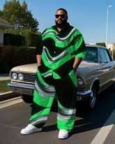 Men's Abstract Stripes Splicing Style Casual Big and Tall Long Sleeve Shirt Pants 2-Piece Set