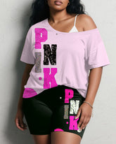 Women's Plus Size Daily Casual PINK Letter Print Short Sleeve Shorts Suit