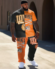 Men's Plus Size Color Block Short Sleeve T-shirt and Pants Sports Set