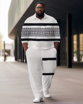 Men's Large Size Simple Striped Jacquard Sports Zip Shirt and Pants Two-Piece Set