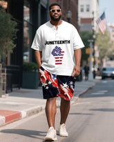 Men's Plus Size Juneteenth Fist Letter Print Henley Collar Short Sleeve T-Shirt Shorts Suit