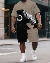 Men's Big & Tall Simple Pensive Gorillas Splicing Print Cartoon Casual Short-Sleeved T-shirt and Short Set