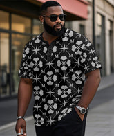 Big & Tall Men's Black Geometric Alphabet Print Henry Collar Button Short Sleeve Tee