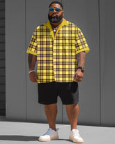 Men's Plus Size Classic Plaid Short Sleeve Shirt Shorts Suit