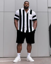 Big & Tall Men's Daily Casual Black & Grey & Wine Red & Fluorescent Green & Blue & Dark Blue. Big Striped Shirt Shorts Suit
