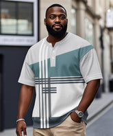 Men's Plus Size Daily Casual Blue White Grey Striped Geometric Print Henry Collar Button Short Sleeve T-Shirt