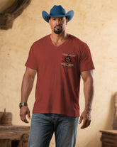 Men's Plus Size White/Red Choice Western Pattern Chest Patch Pocket Printed V-Neck Short Sleeve T-Shirt
