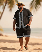 Big Men's Vacation Casual Bohemian Style White Striped Edge Textured Black Short Sleeve Shirt Shorts Suit