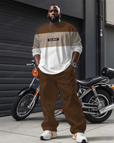 Men's Plus Size Brown Striped Alphabet Print Long Sleeve T-Shirt Trousers Suit