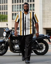Men's Plus Size Black & White & Khaki Striped Short Sleeve Shirt Trousers Suit