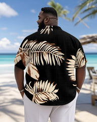 Men's Plus Size Hawaiian Black Art Leaf Print Short Sleeve Slub Shirt
