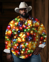 Big & Tall Men's Christmas Colored Lights Print Lapel Long Sleeve Shirt