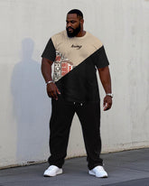 Men's Plus Size Black & Khaki Colorblock King Chest Print Short Sleeve T-Shirt Trousers Suit