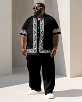 Men's Big and Tall Business Simple Greek Key Geometric Print Short Sleeve Shirt Set