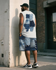 Big & Tall Men's Blue Denim Bear Print Tank Top Shorts Suit