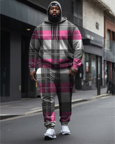 Men's Large Size Pink And Gray Plaid Diamond Casual Hoodie And Sweatpants Two-Piece Set