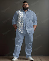 Men's Retro Blue Dark Print Plus Size Long Sleeve Shirt Trousers Suit