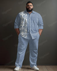 Men's Retro Blue Dark Print Plus Size Long Sleeve Shirt Trousers Suit