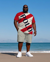 Men's Big Size Red Color Block Splicing Letter POLO Printed Short Sleeve T-shirt Shorts Set