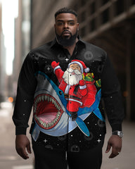 Men's Classic Plus Size Casual Shark Santa Long Sleeve Lapel Shirt