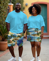 Couple Holiday Blue Short Sleeve T-Shirt Shorts Suit Large