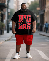Men's Plus Size Black Big Man Cartoon Print Short Sleeve T-Shirt Shorts Suit
